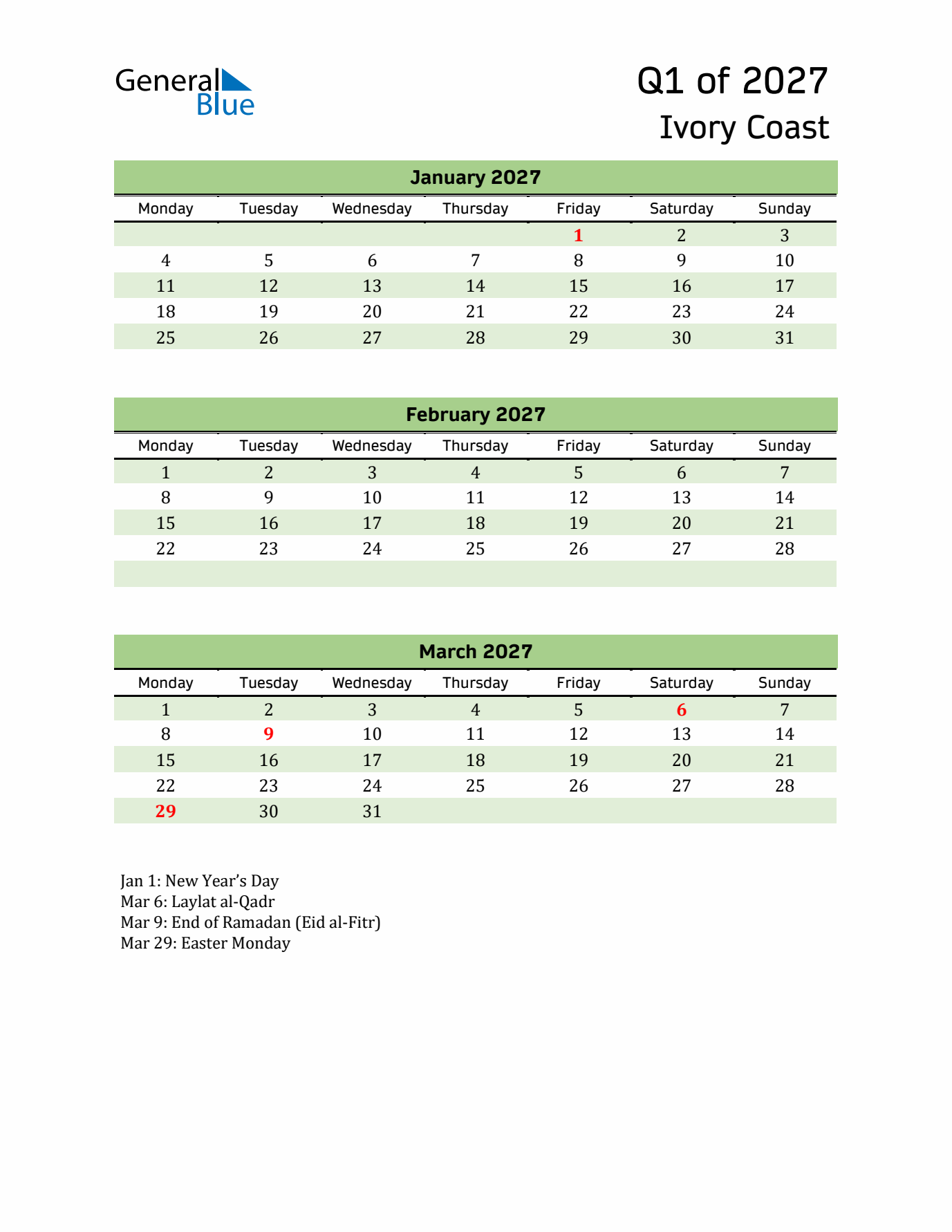 Quarterly Calendar 2027 with Ivory Coast Holidays