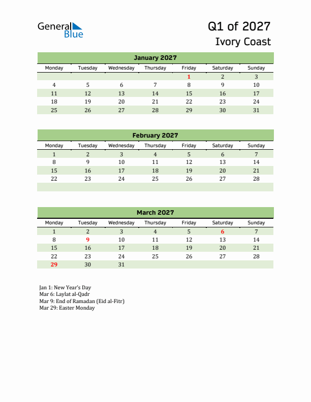 Quarterly Calendar 2027 with Ivory Coast Holidays