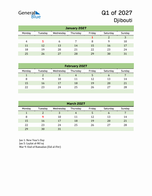 Quarterly Calendar 2027 with Djibouti Holidays