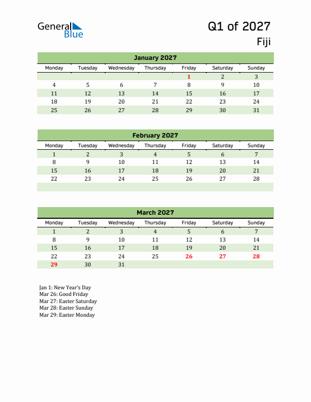 Quarterly Calendar 2027 with Fiji Holidays