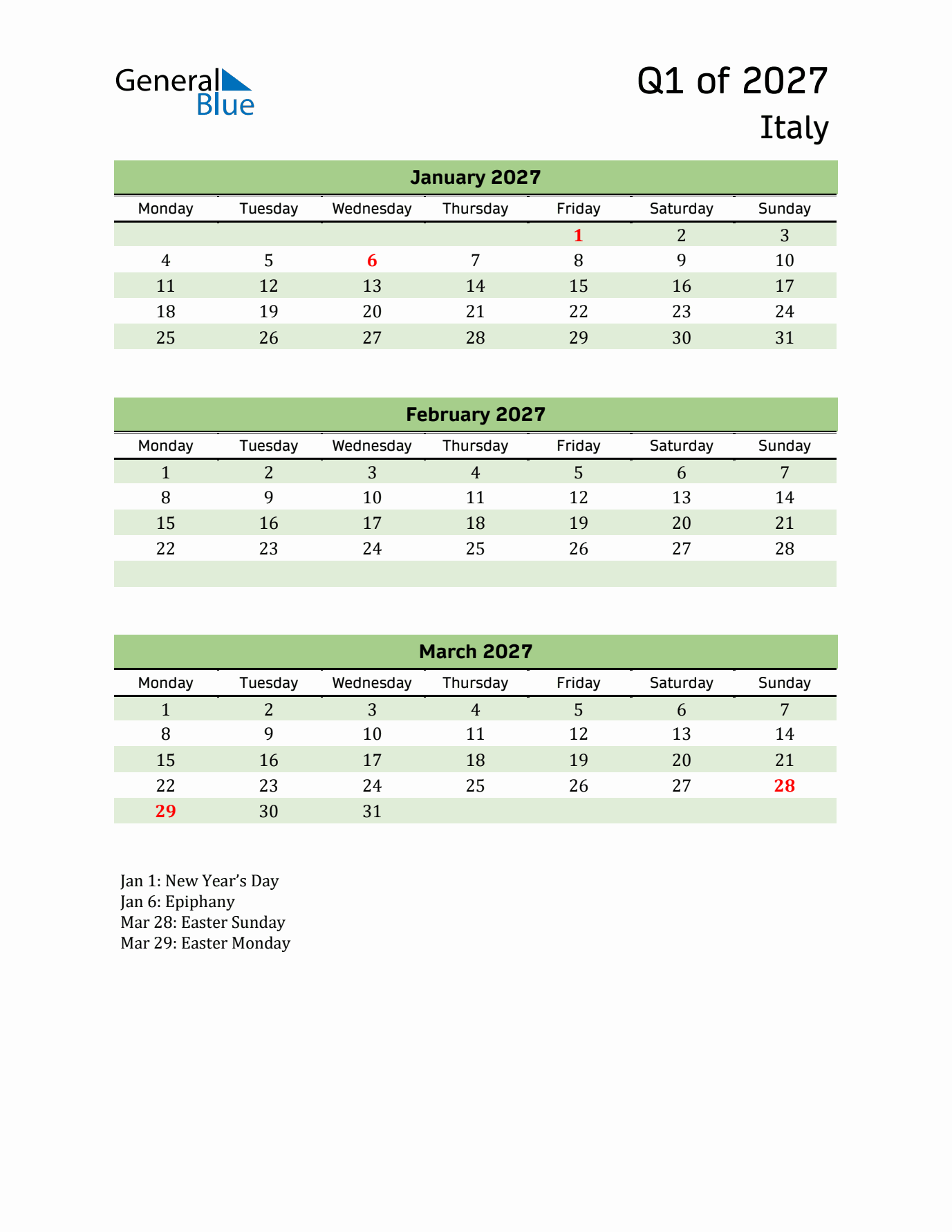 Quarterly Calendar 2027 with Italy Holidays