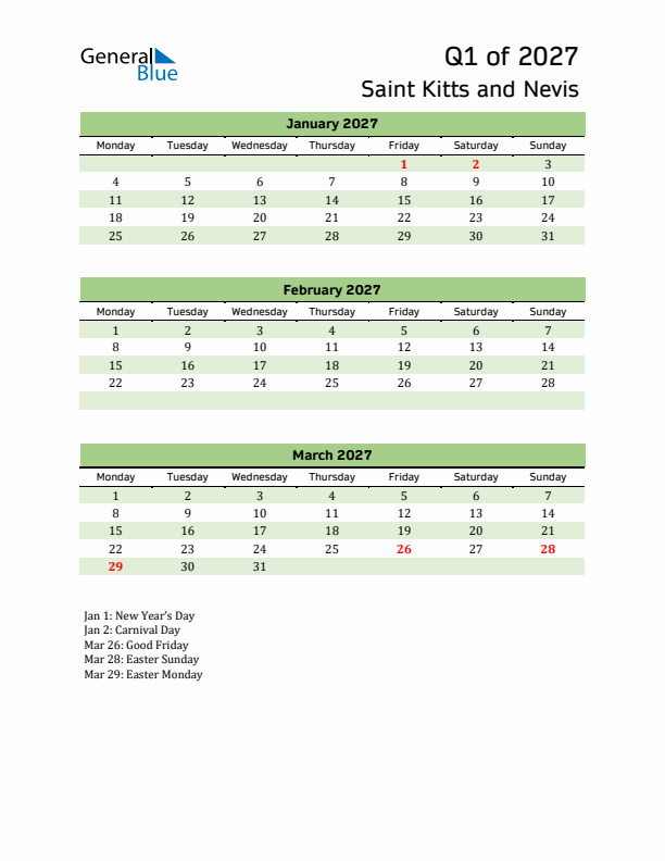 Quarterly Calendar 2027 with Saint Kitts and Nevis Holidays