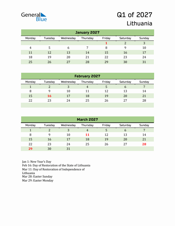 Quarterly Calendar 2027 with Lithuania Holidays