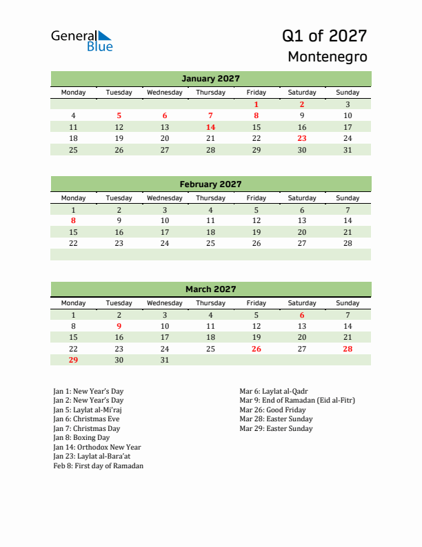 Quarterly Calendar 2027 with Montenegro Holidays