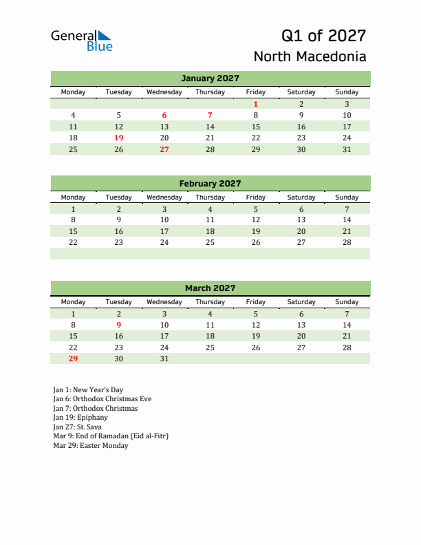 Quarterly Calendar 2027 with North Macedonia Holidays