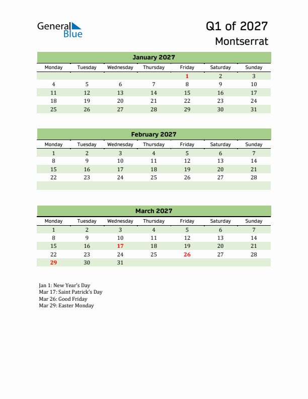 Quarterly Calendar 2027 with Montserrat Holidays