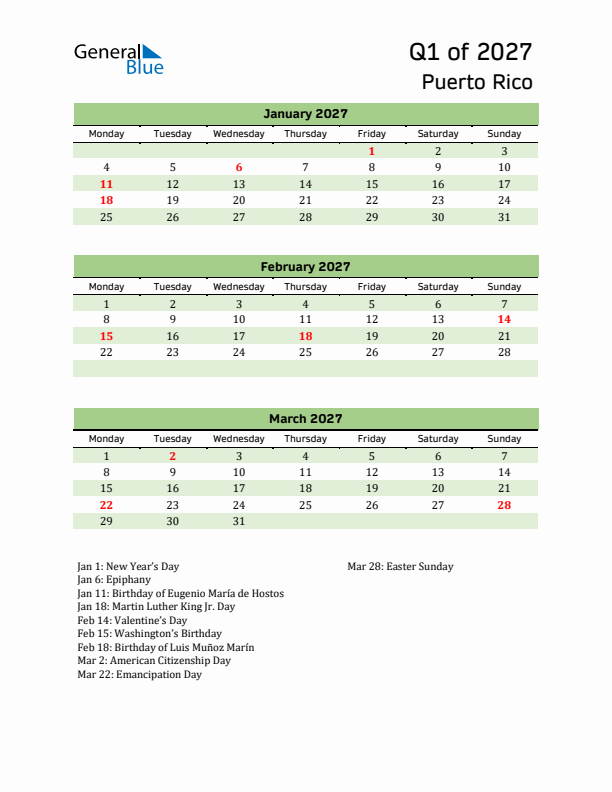 Quarterly Calendar 2027 with Puerto Rico Holidays
