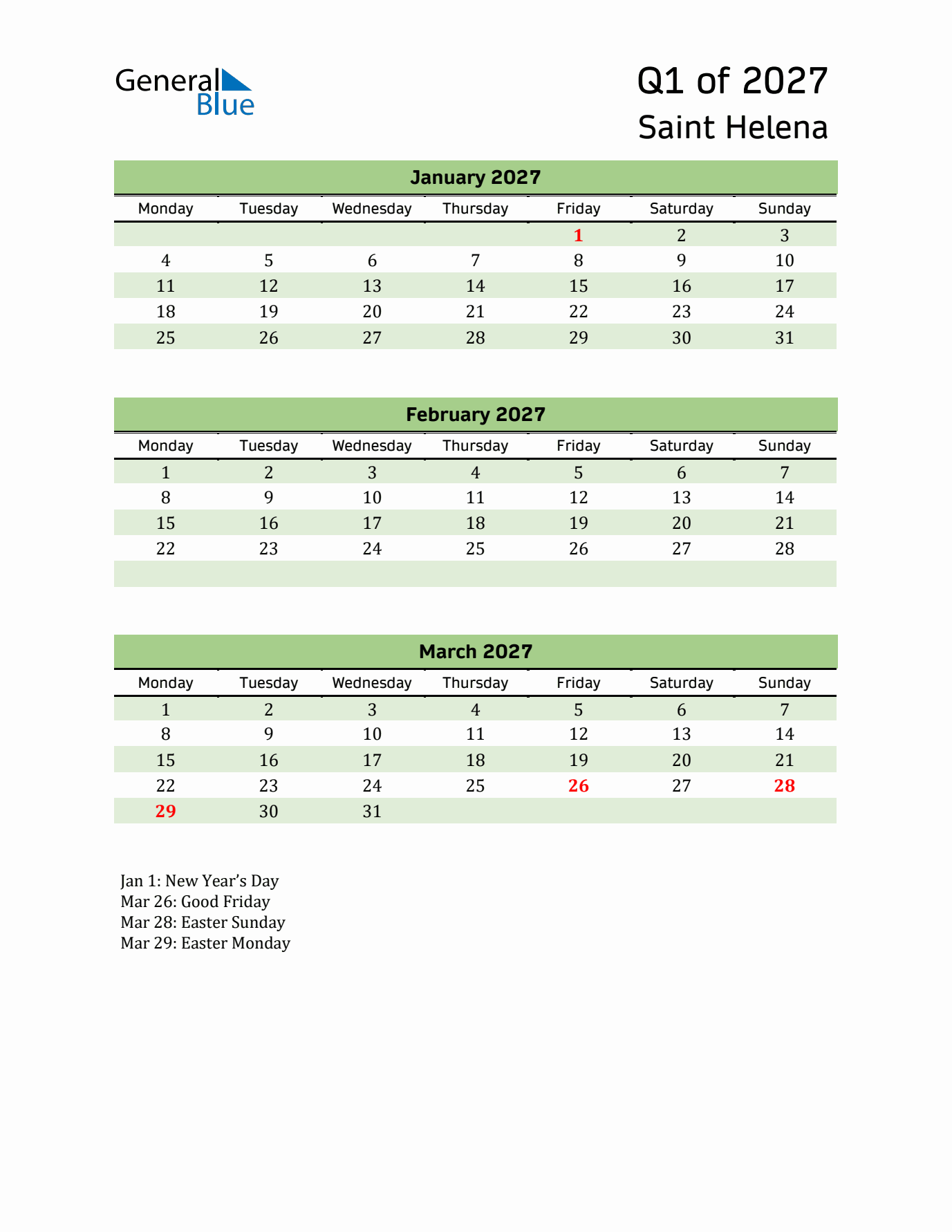 Quarterly Calendar 2027 with Saint Helena Holidays