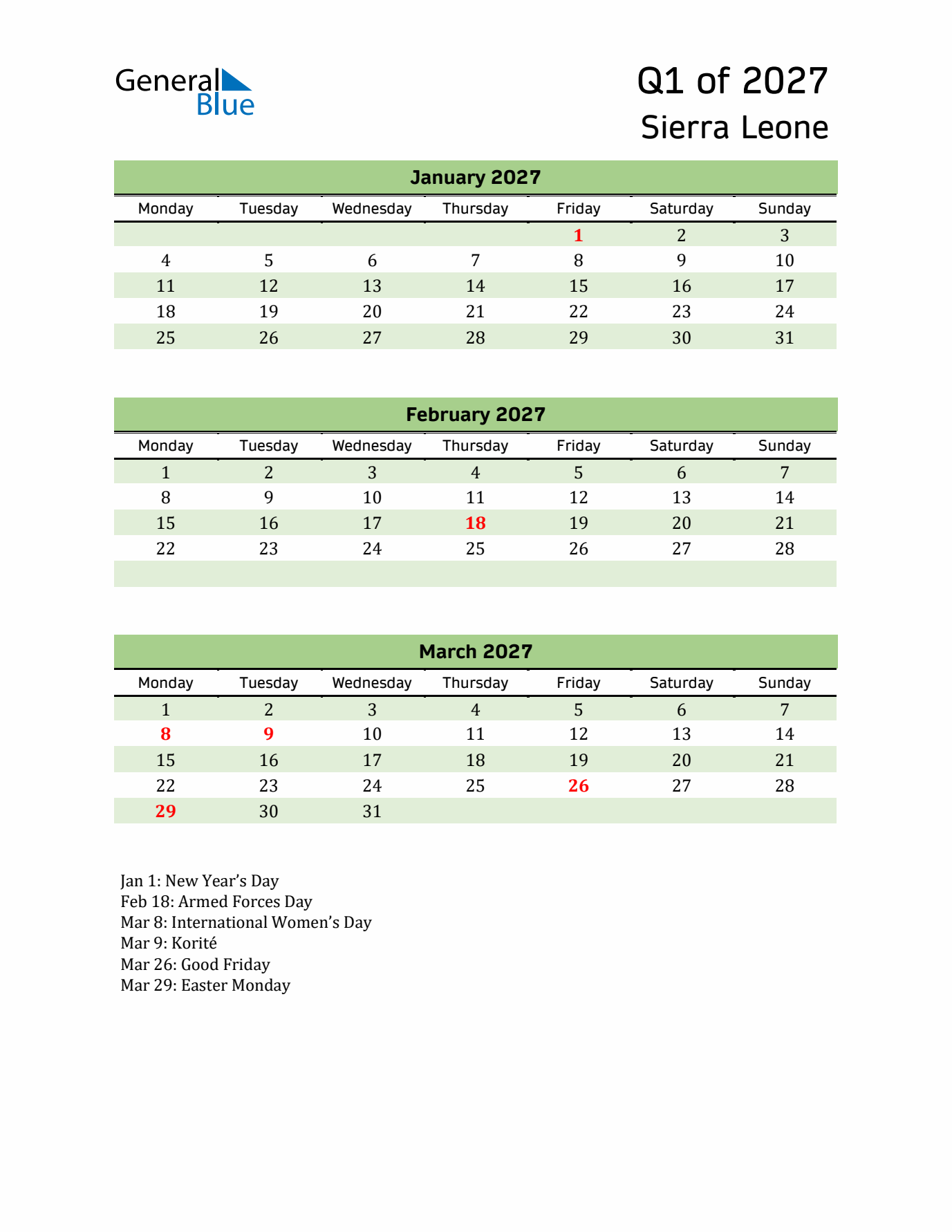 Quarterly Calendar 2027 with Sierra Leone Holidays
