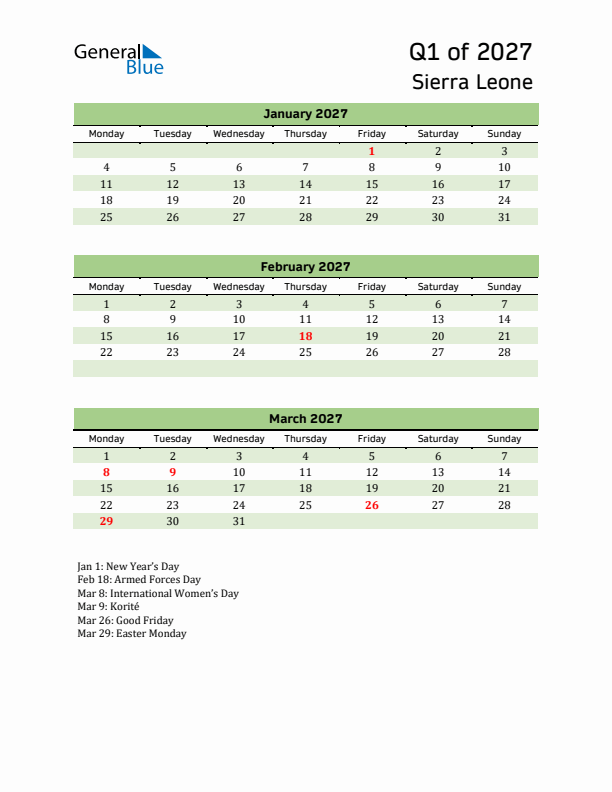 Quarterly Calendar 2027 with Sierra Leone Holidays
