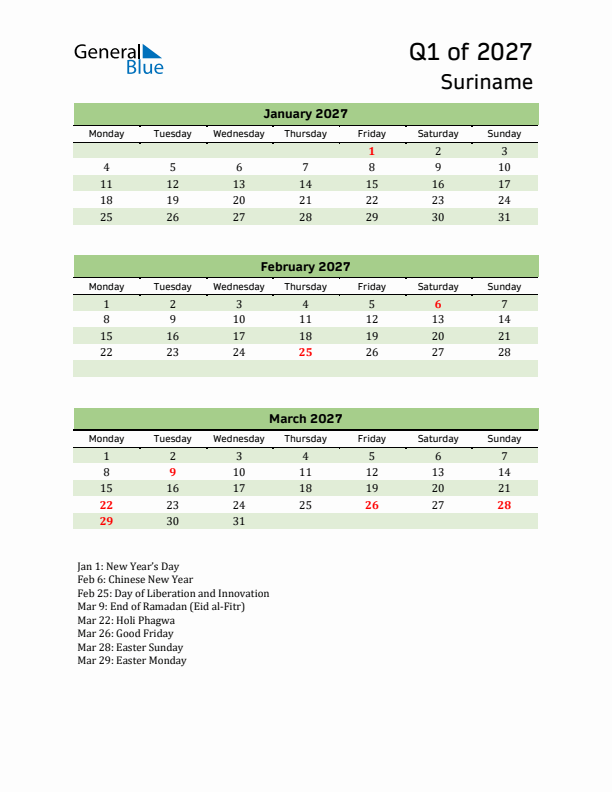 Quarterly Calendar 2027 with Suriname Holidays