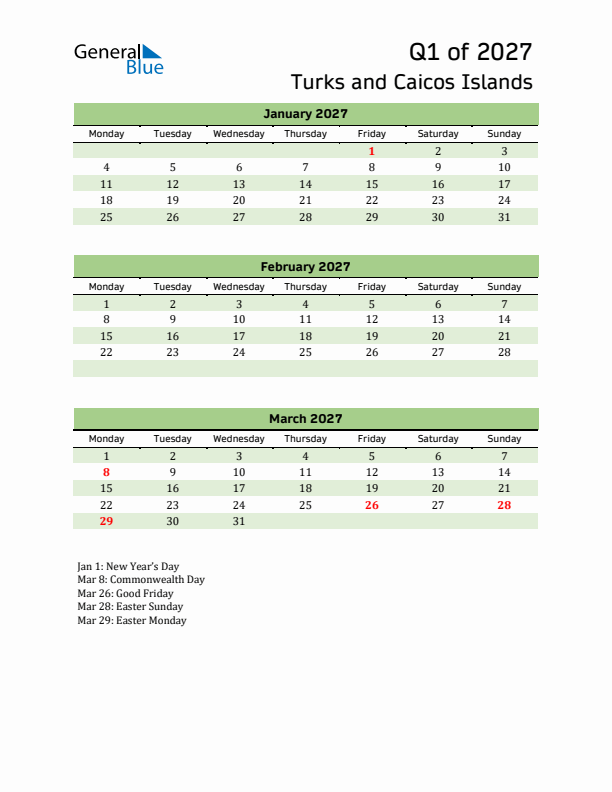 Quarterly Calendar 2027 with Turks and Caicos Islands Holidays