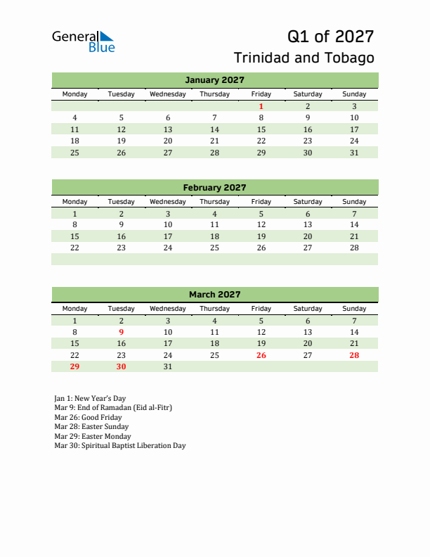 Quarterly Calendar 2027 with Trinidad and Tobago Holidays