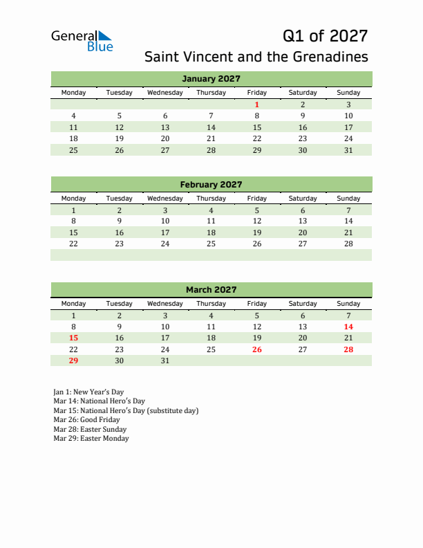Quarterly Calendar 2027 with Saint Vincent and the Grenadines Holidays