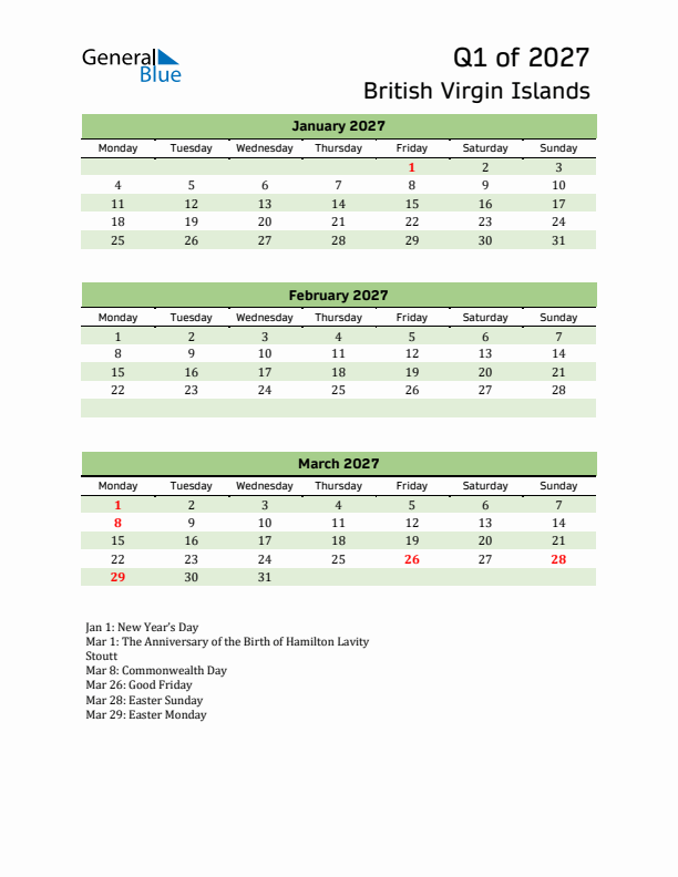 Quarterly Calendar 2027 with British Virgin Islands Holidays