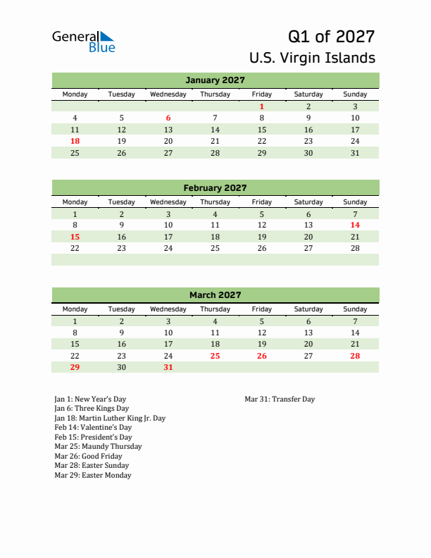Quarterly Calendar 2027 with U.S. Virgin Islands Holidays