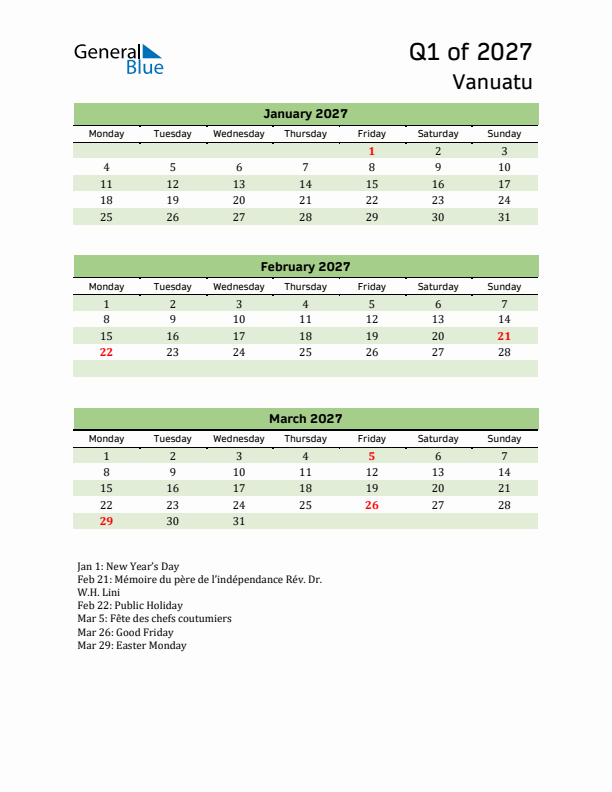 Quarterly Calendar 2027 with Vanuatu Holidays