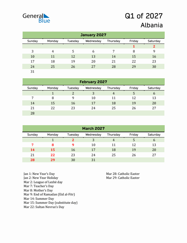 Quarterly Calendar 2027 with Albania Holidays