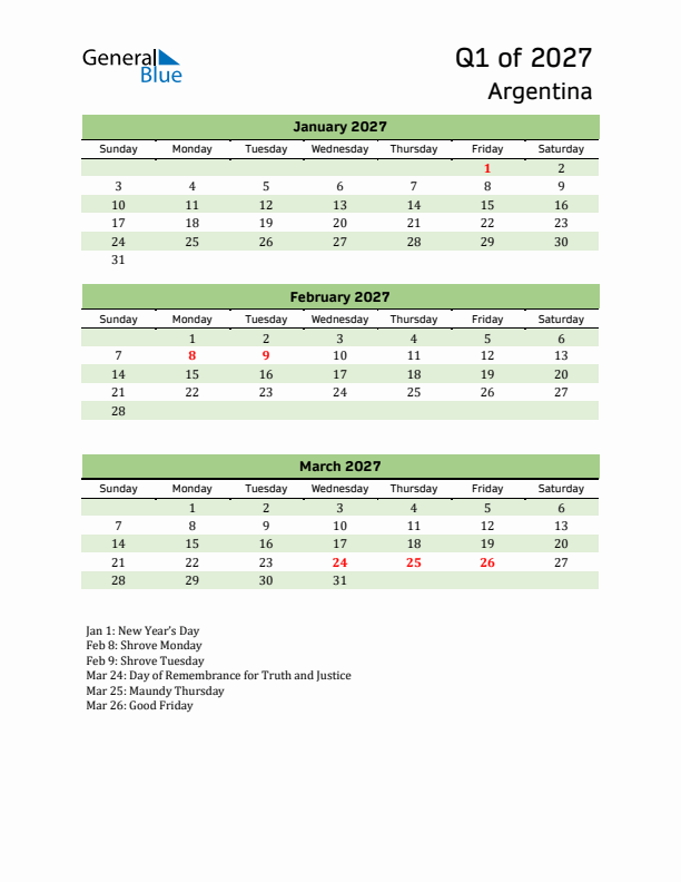 Quarterly Calendar 2027 with Argentina Holidays