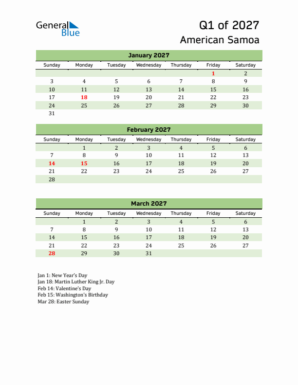 Quarterly Calendar 2027 with American Samoa Holidays
