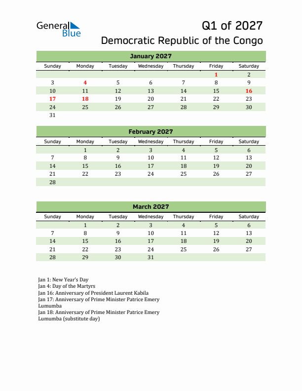 Quarterly Calendar 2027 with Democratic Republic of the Congo Holidays
