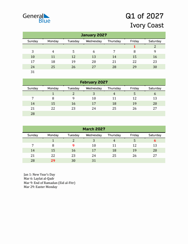Quarterly Calendar 2027 with Ivory Coast Holidays