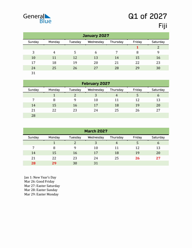 Quarterly Calendar 2027 with Fiji Holidays