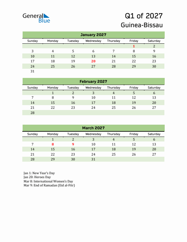 Quarterly Calendar 2027 with Guinea-Bissau Holidays