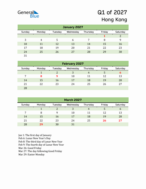 Quarterly Calendar 2027 with Hong Kong Holidays