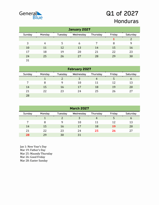 Quarterly Calendar 2027 with Honduras Holidays