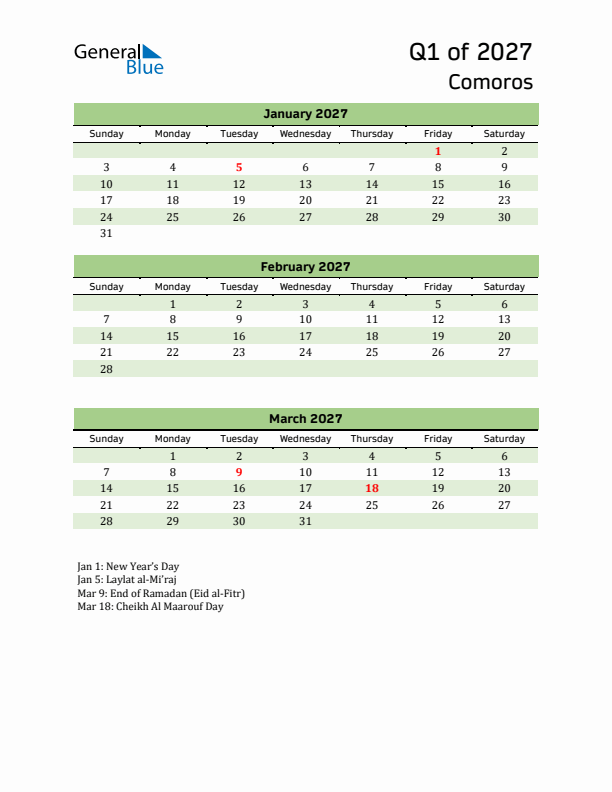 Quarterly Calendar 2027 with Comoros Holidays
