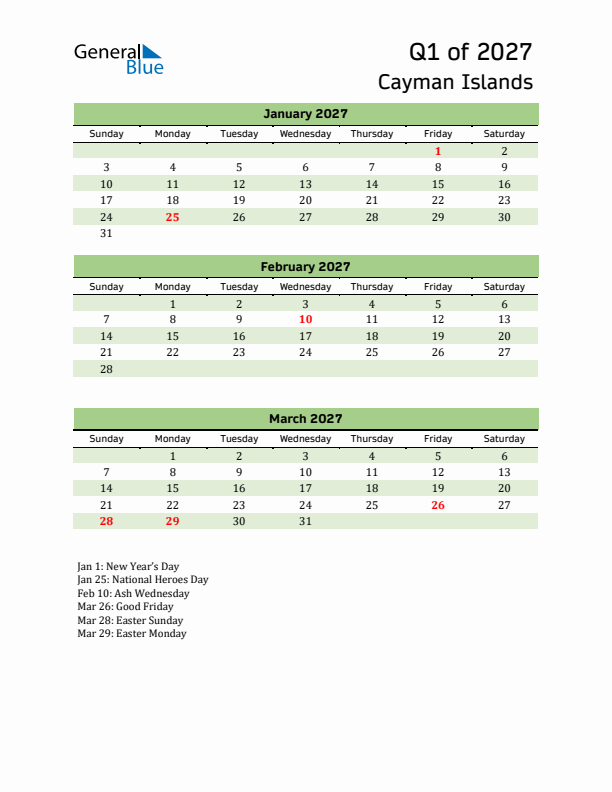 Quarterly Calendar 2027 with Cayman Islands Holidays