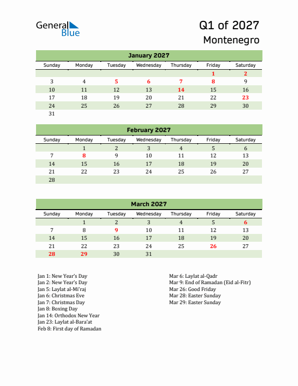 Quarterly Calendar 2027 with Montenegro Holidays