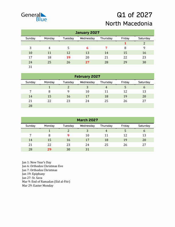 Quarterly Calendar 2027 with North Macedonia Holidays