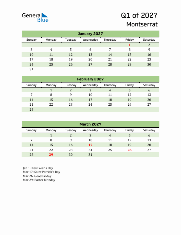 Quarterly Calendar 2027 with Montserrat Holidays
