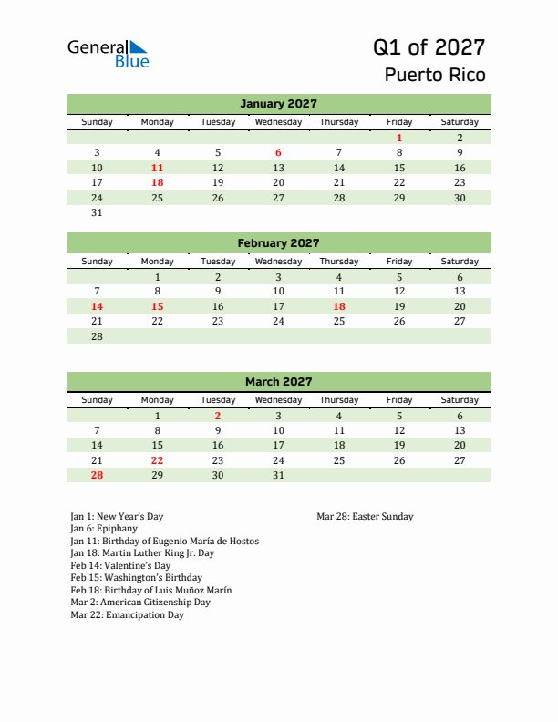 Quarterly Calendar 2027 with Puerto Rico Holidays