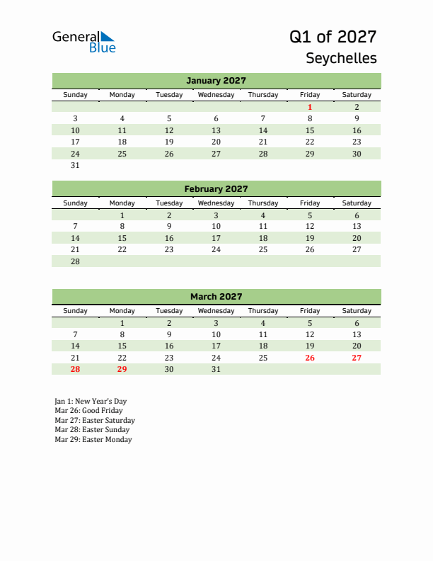 Quarterly Calendar 2027 with Seychelles Holidays