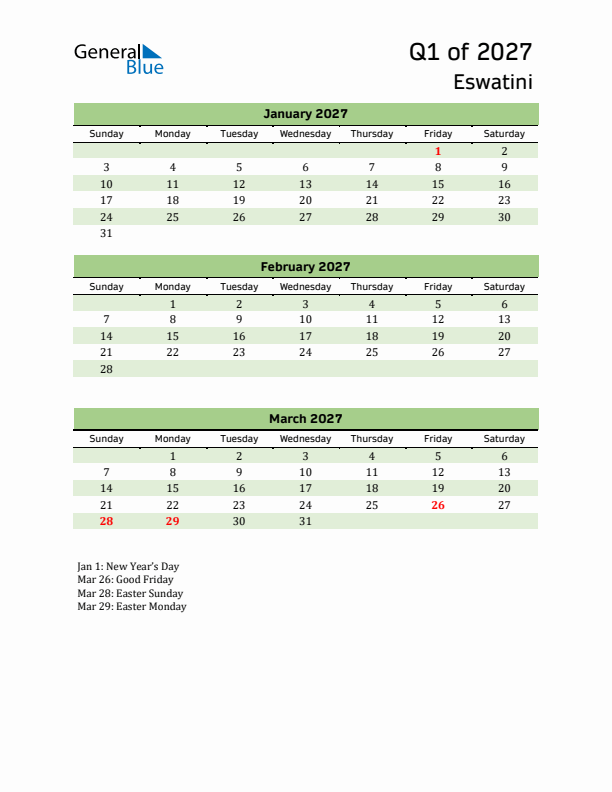 Quarterly Calendar 2027 with Eswatini Holidays