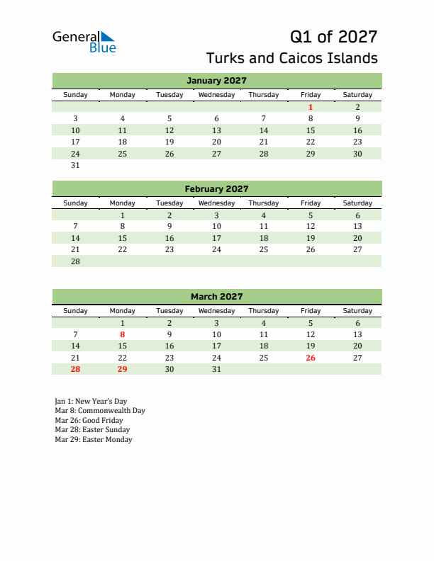 Quarterly Calendar 2027 with Turks and Caicos Islands Holidays
