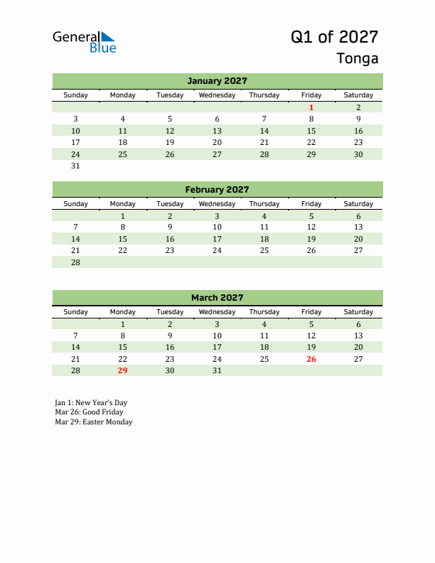 Quarterly Calendar 2027 with Tonga Holidays
