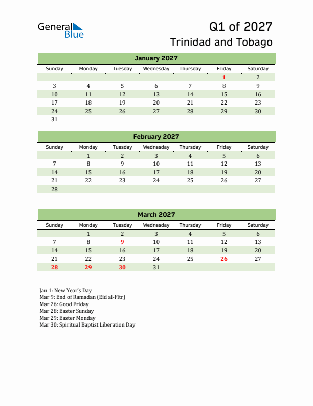 Quarterly Calendar 2027 with Trinidad and Tobago Holidays