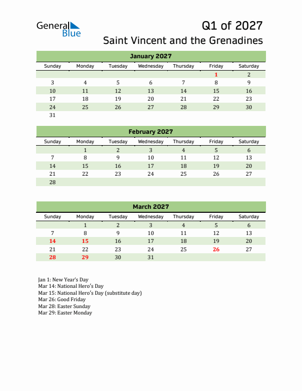 Quarterly Calendar 2027 with Saint Vincent and the Grenadines Holidays