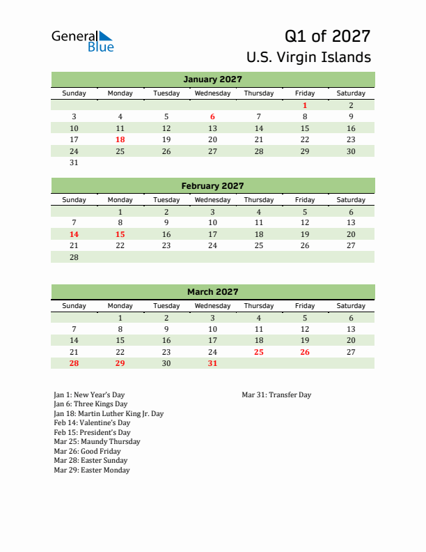 Quarterly Calendar 2027 with U.S. Virgin Islands Holidays