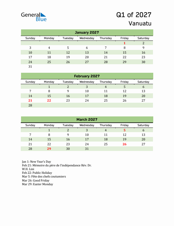 Quarterly Calendar 2027 with Vanuatu Holidays