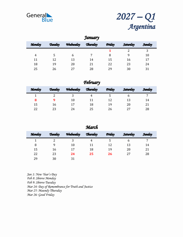 January, February, and March Calendar for Argentina with Monday Start