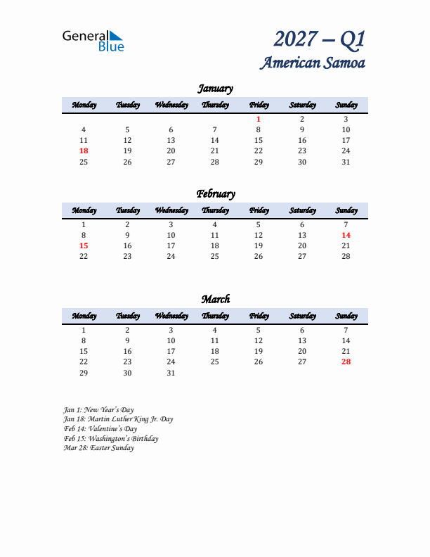 January, February, and March Calendar for American Samoa with Monday Start