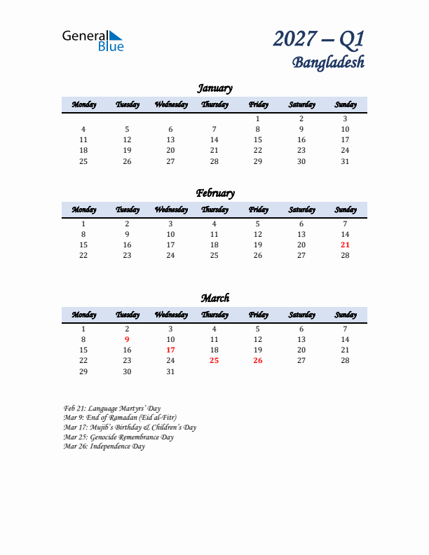January, February, and March Calendar for Bangladesh with Monday Start
