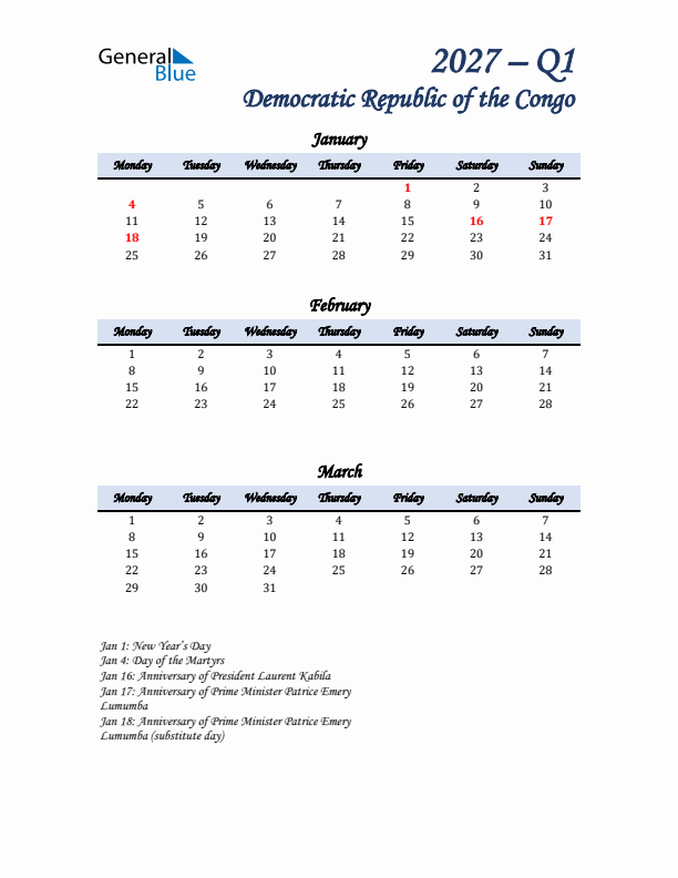 January, February, and March Calendar for Democratic Republic of the Congo with Monday Start