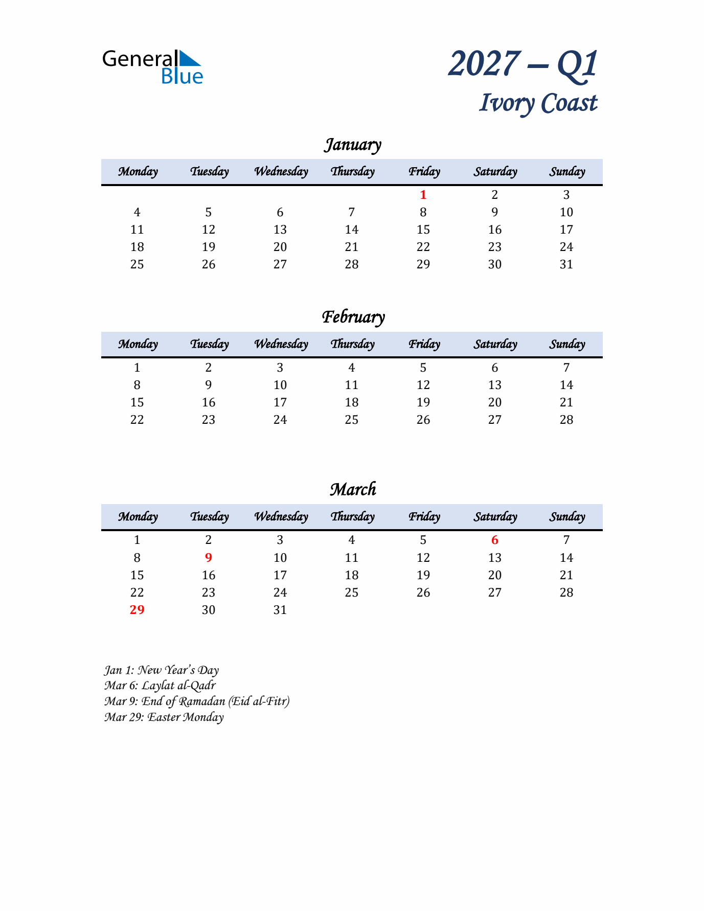 January, February, and March Calendar for Ivory Coast with Monday Start