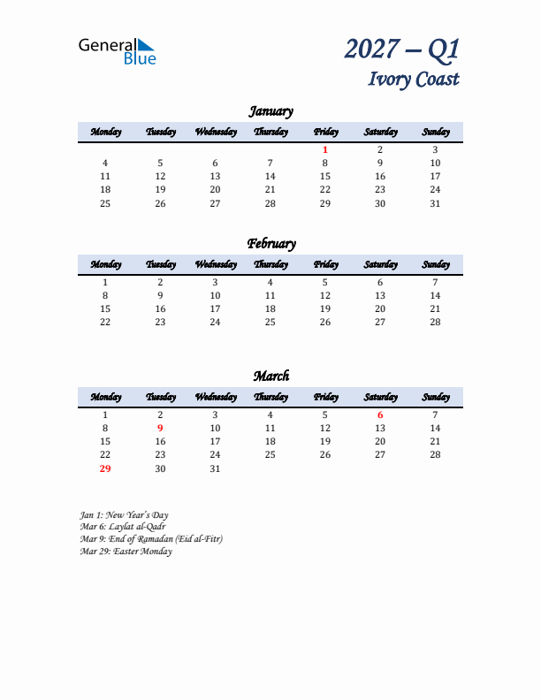 January, February, and March Calendar for Ivory Coast with Monday Start